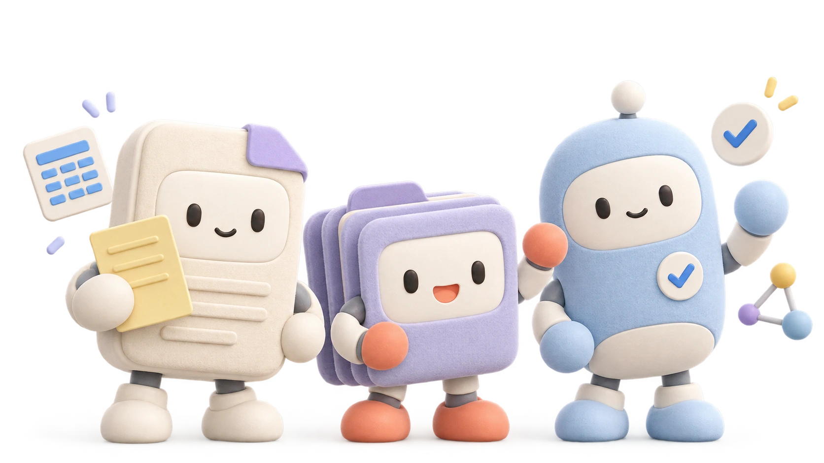 表の処理、仕事の連携、確認を手伝うオートラクボの3体のキャラクター